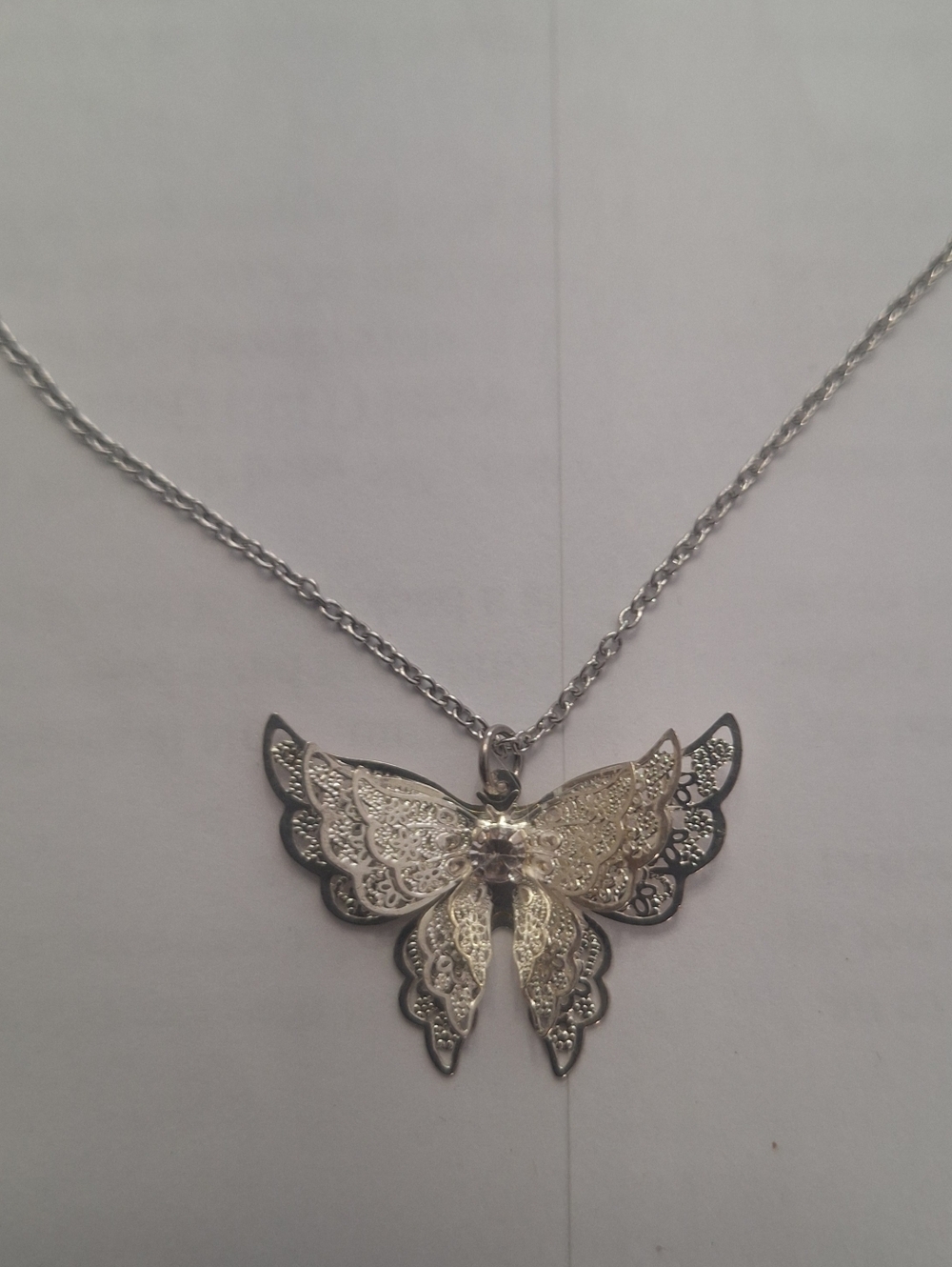Silver Tone Necklace With Filigree Butterfly & Rhinestone Pendant 17.75-21" NWOT